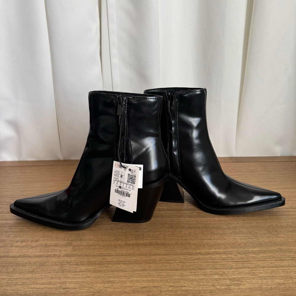 Zara Ankle Boots Womens 6.5 Black Pointed Toe Block Heel Zip Starfit Modern NWT - Picture 11 of 12
